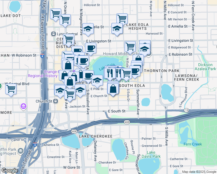 map of restaurants, bars, coffee shops, grocery stores, and more near in Orlando