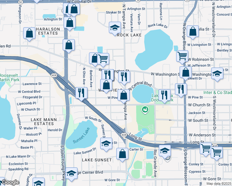 map of restaurants, bars, coffee shops, grocery stores, and more near 2025 West Central Boulevard in Orlando