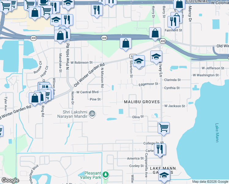 map of restaurants, bars, coffee shops, grocery stores, and more near 4 Channing Avenue in Orlando
