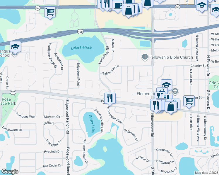 map of restaurants, bars, coffee shops, grocery stores, and more near 7262 Cherry Laurel Drive in Orlando