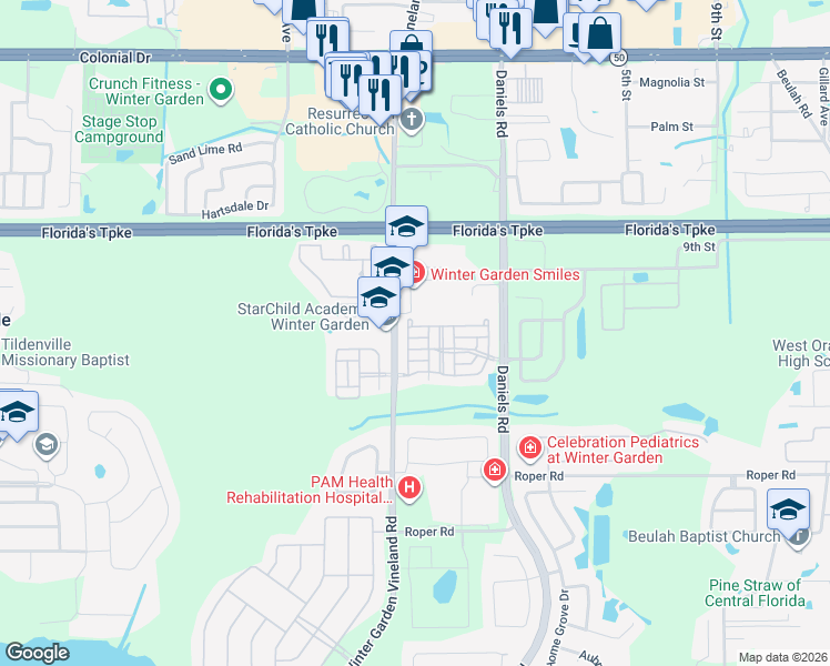 map of restaurants, bars, coffee shops, grocery stores, and more near 13429 Daniels Landing Circle in Winter Garden