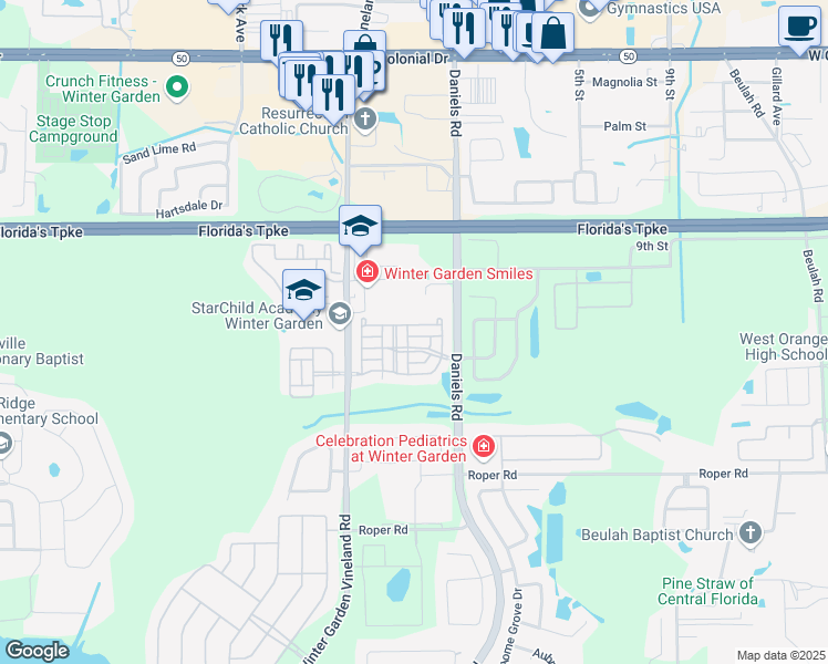 map of restaurants, bars, coffee shops, grocery stores, and more near 13370 Daniels Landing Circle in Winter Garden