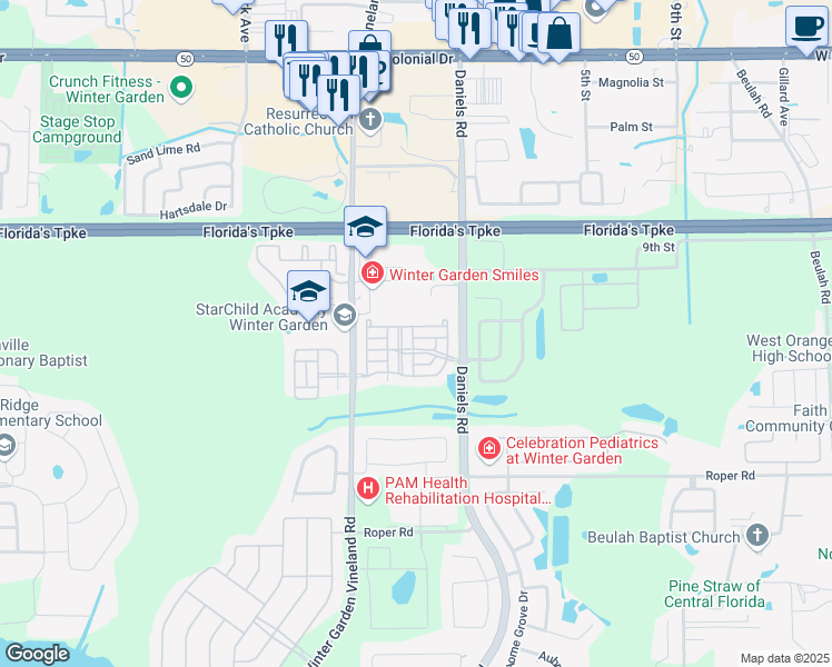 map of restaurants, bars, coffee shops, grocery stores, and more near 13378 Daniels Landing Circle in Winter Garden