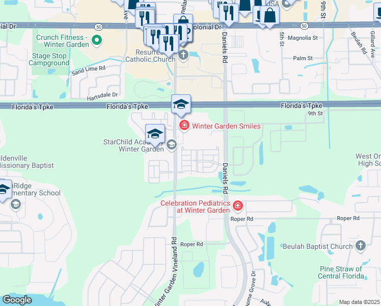 map of restaurants, bars, coffee shops, grocery stores, and more near 13424 Daniels Landing Circle in Winter Garden