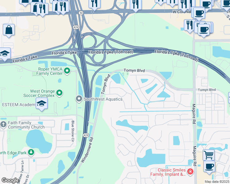 map of restaurants, bars, coffee shops, grocery stores, and more near 880 Mount Pleasant Drive in Ocoee