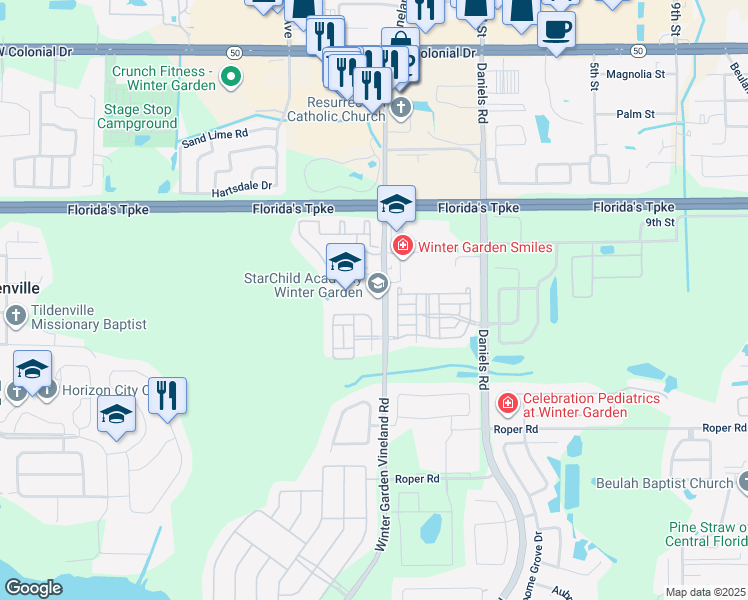 map of restaurants, bars, coffee shops, grocery stores, and more near 1330 County Road 535 in Winter Garden