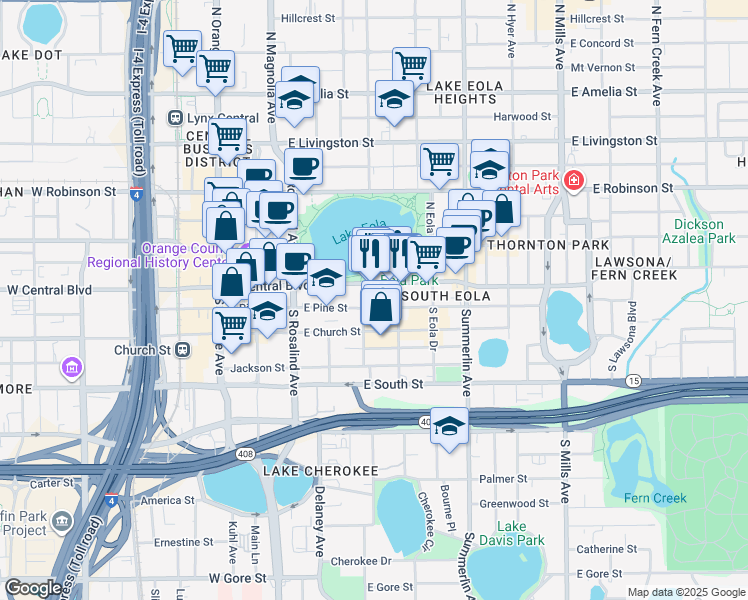 map of restaurants, bars, coffee shops, grocery stores, and more near 415 East Pine Street in Orlando