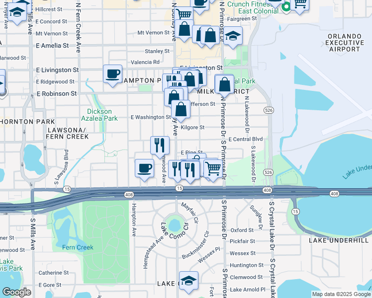 map of restaurants, bars, coffee shops, grocery stores, and more near 2420 East Central Boulevard in Orlando