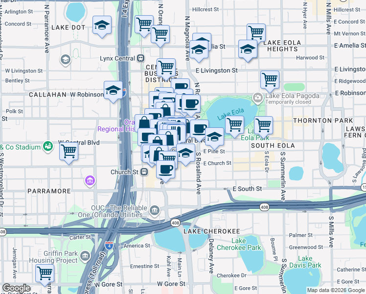 map of restaurants, bars, coffee shops, grocery stores, and more near 25 South Magnolia Avenue in Orlando