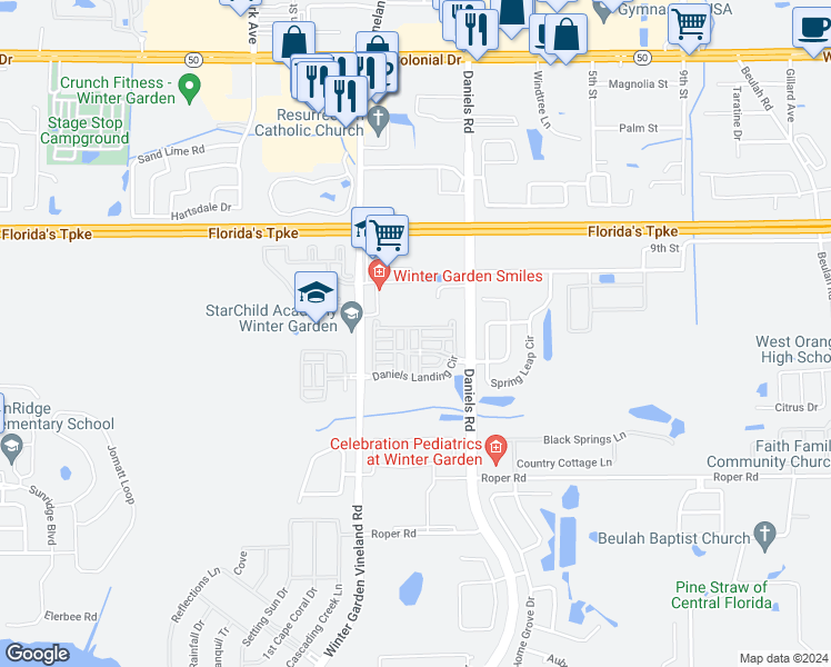 map of restaurants, bars, coffee shops, grocery stores, and more near 135 Deepcove Road in Winter Garden
