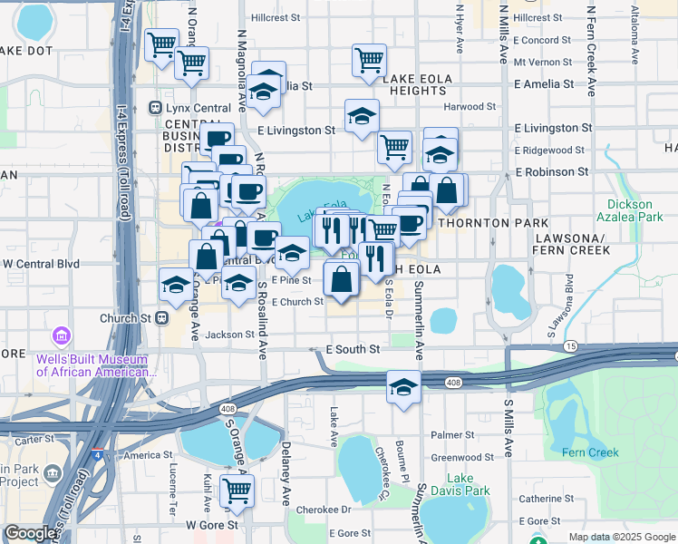 map of restaurants, bars, coffee shops, grocery stores, and more near in Orlando