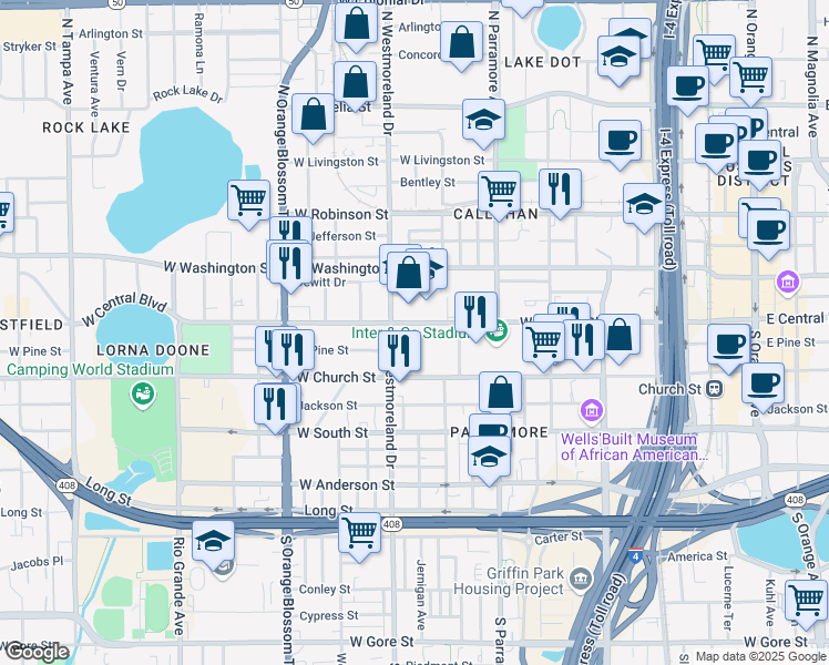 map of restaurants, bars, coffee shops, grocery stores, and more near 925 West Central Boulevard in Orlando