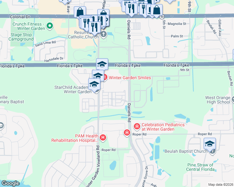 map of restaurants, bars, coffee shops, grocery stores, and more near 13363 Daniels Landing Circle in Winter Garden