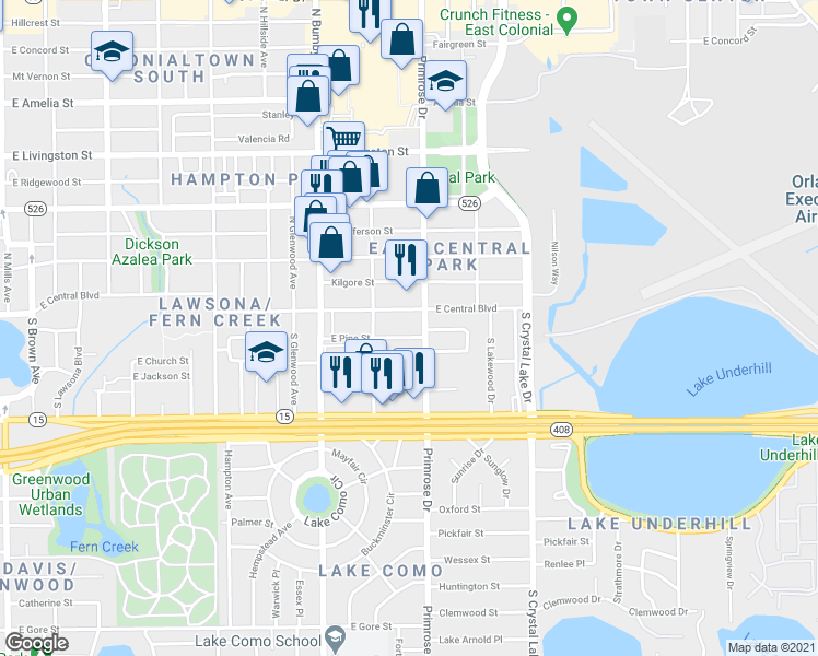 map of restaurants, bars, coffee shops, grocery stores, and more near 2718 East Central Boulevard in Orlando