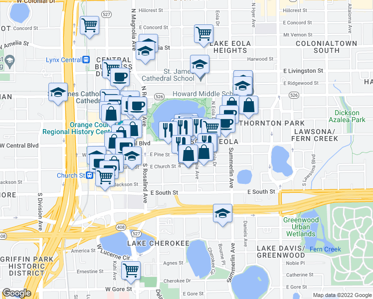 map of restaurants, bars, coffee shops, grocery stores, and more near in Orlando