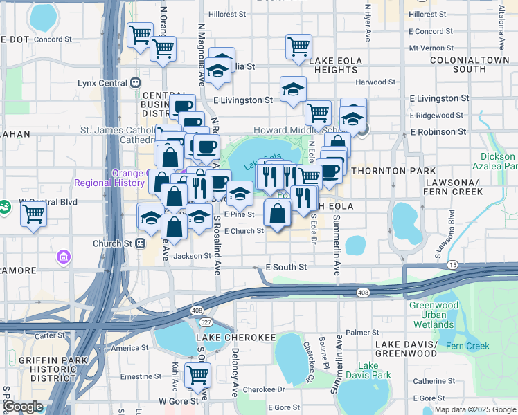 map of restaurants, bars, coffee shops, grocery stores, and more near in Orlando