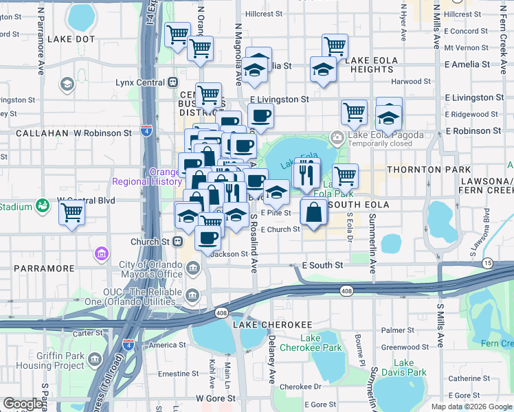 map of restaurants, bars, coffee shops, grocery stores, and more near in Orlando