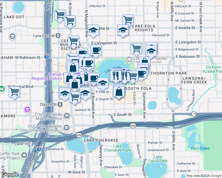 map of restaurants, bars, coffee shops, grocery stores, and more near in Orlando