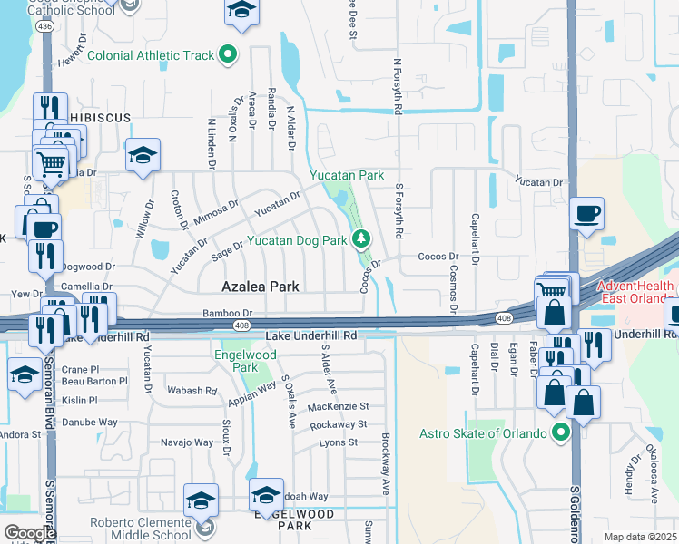 map of restaurants, bars, coffee shops, grocery stores, and more near 206 Lynbrook Drive in Orlando