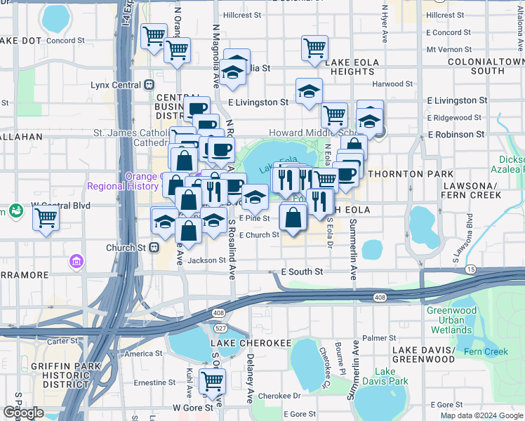 map of restaurants, bars, coffee shops, grocery stores, and more near 201 East Pine Street in Orlando