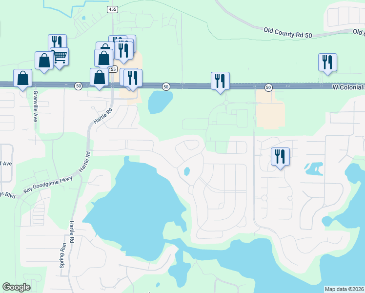 map of restaurants, bars, coffee shops, grocery stores, and more near 17034 Gathering Place Circle in Clermont