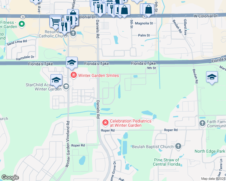 map of restaurants, bars, coffee shops, grocery stores, and more near 215 Doe Run Drive in Winter Garden
