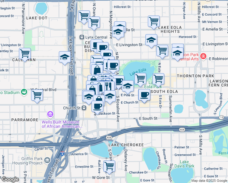 map of restaurants, bars, coffee shops, grocery stores, and more near 150 East Central Boulevard in Orlando