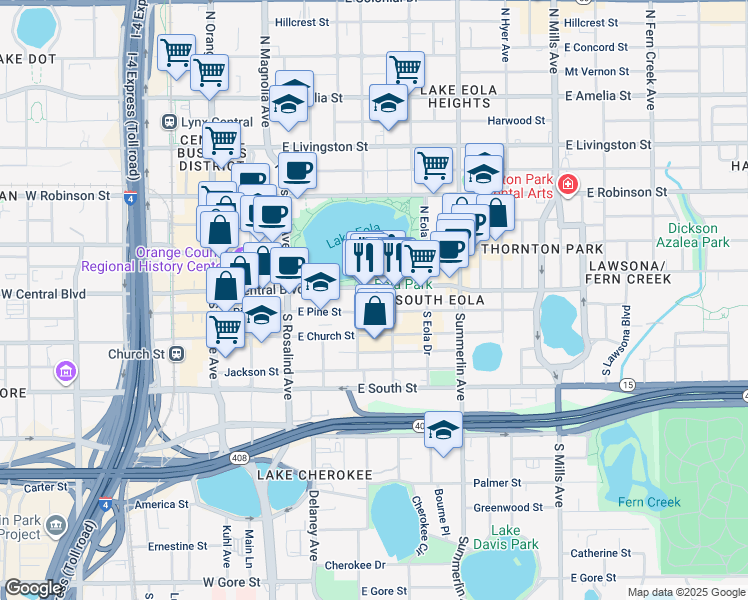 map of restaurants, bars, coffee shops, grocery stores, and more near in Orlando