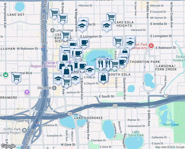 map of restaurants, bars, coffee shops, grocery stores, and more near in Orlando