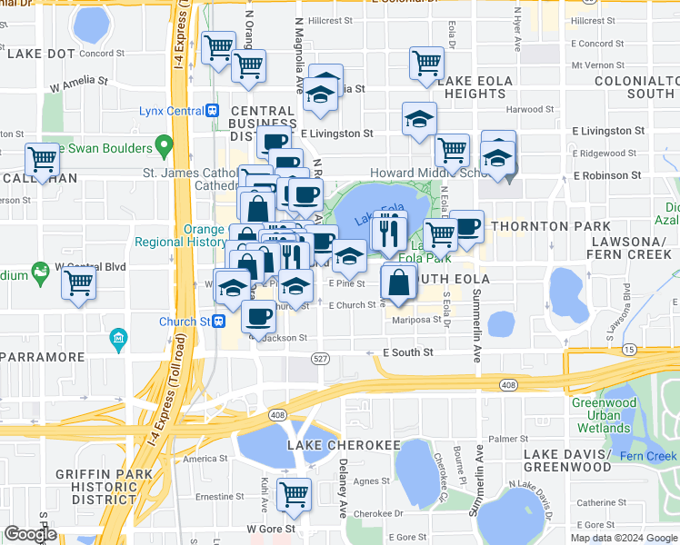 map of restaurants, bars, coffee shops, grocery stores, and more near 201 East Pine Street in Orlando