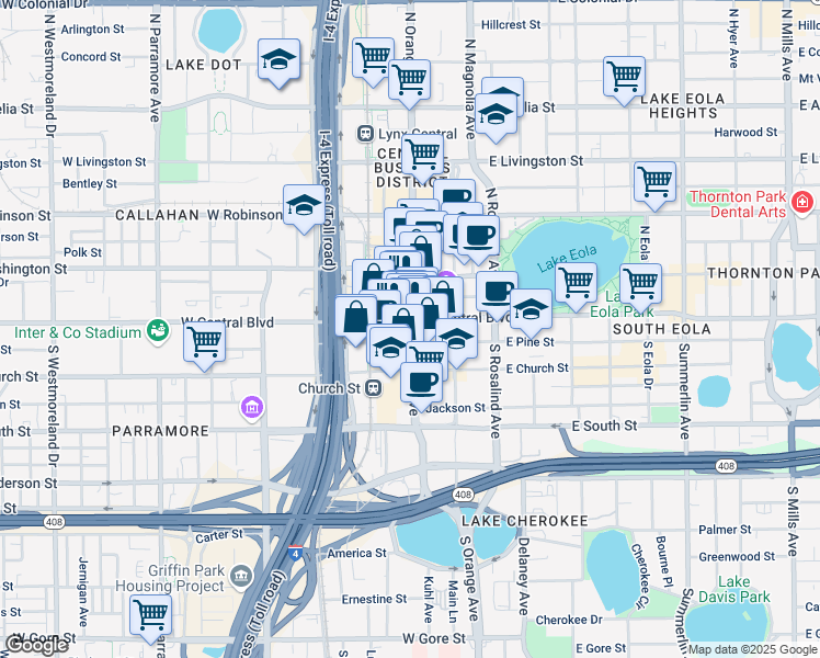 map of restaurants, bars, coffee shops, grocery stores, and more near 18 West Central Boulevard in Orlando