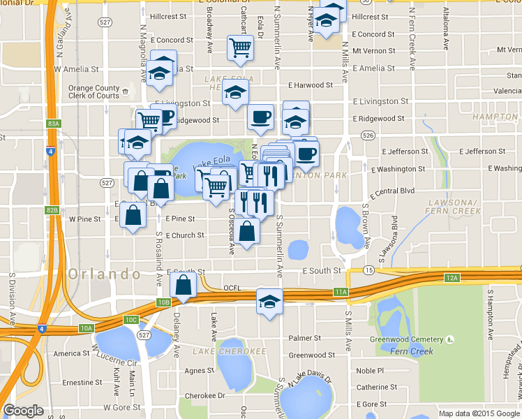 map of restaurants, bars, coffee shops, grocery stores, and more near 622 East Central Boulevard in Orlando
