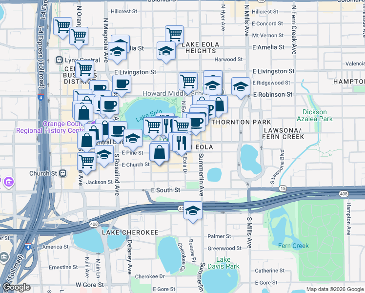 map of restaurants, bars, coffee shops, grocery stores, and more near 500 East Central Boulevard in Orlando