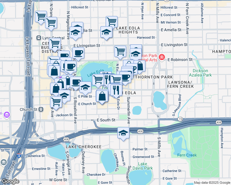 map of restaurants, bars, coffee shops, grocery stores, and more near 500 East Central Boulevard in Orlando
