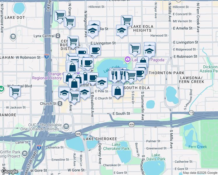 map of restaurants, bars, coffee shops, grocery stores, and more near in Orlando