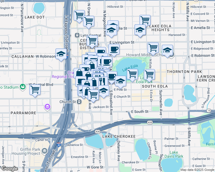 map of restaurants, bars, coffee shops, grocery stores, and more near in Orlando