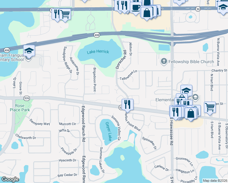 map of restaurants, bars, coffee shops, grocery stores, and more near 7460 Herricks Loop in Orlando