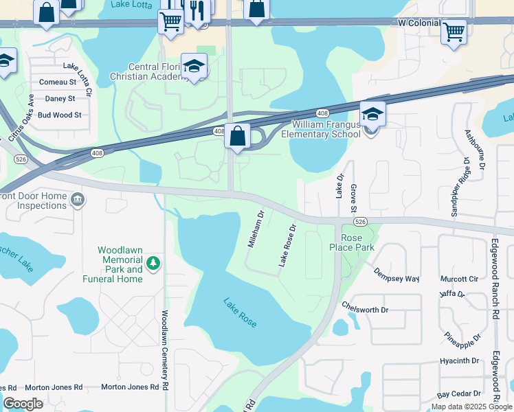 map of restaurants, bars, coffee shops, grocery stores, and more near 8612 Old Winter Garden Road in Orlando