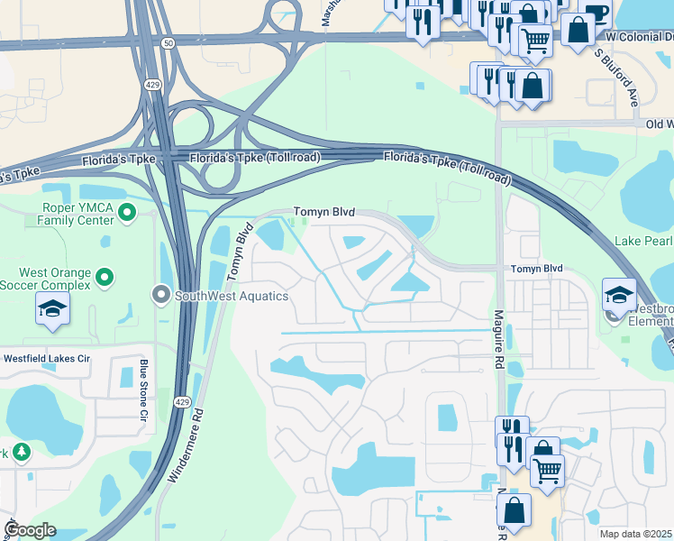 map of restaurants, bars, coffee shops, grocery stores, and more near 620 Huntington Pines Drive in Ocoee