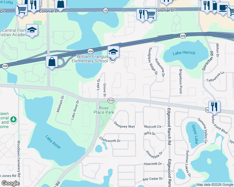 map of restaurants, bars, coffee shops, grocery stores, and more near 8209 Baywest Court in Orlando