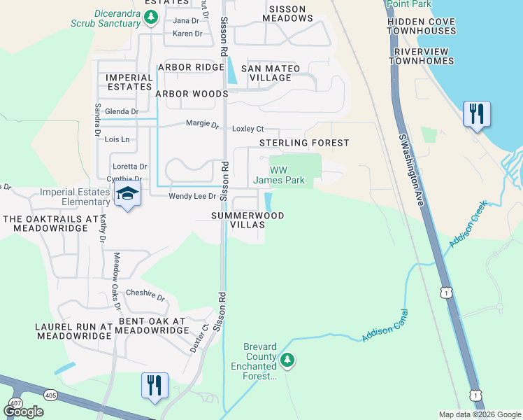 map of restaurants, bars, coffee shops, grocery stores, and more near 5553 Reagan Avenue in Titusville
