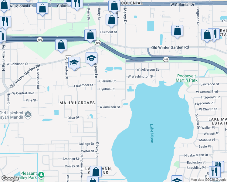 map of restaurants, bars, coffee shops, grocery stores, and more near 4274 Cynthia Street in Orlando