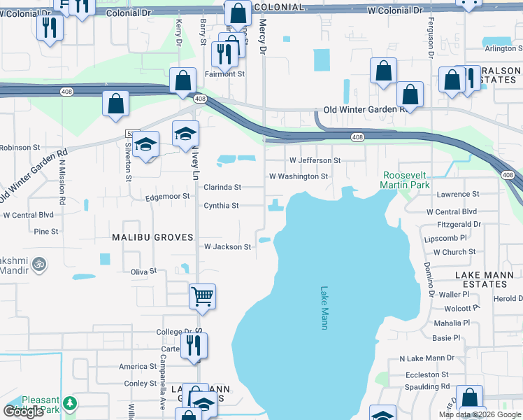 map of restaurants, bars, coffee shops, grocery stores, and more near 4200 Cynthia Street in Orlando