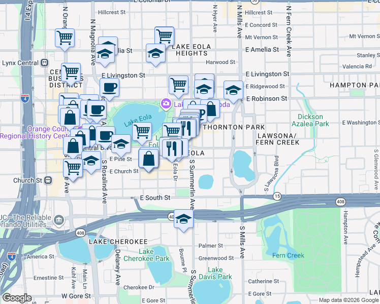 map of restaurants, bars, coffee shops, grocery stores, and more near in Orlando