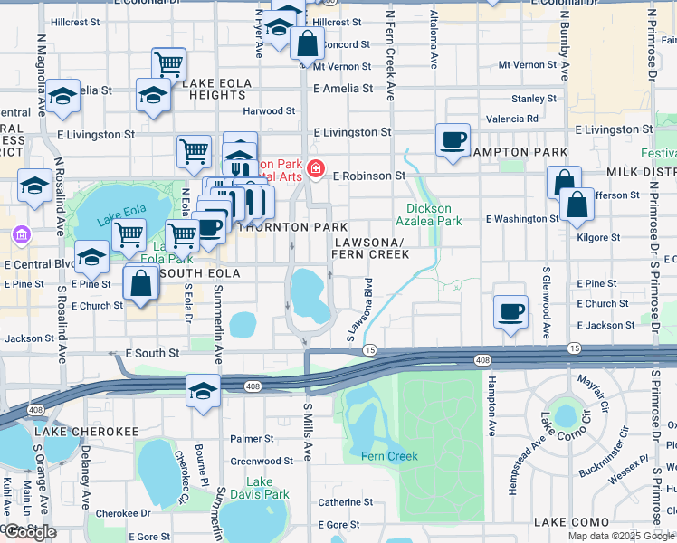 map of restaurants, bars, coffee shops, grocery stores, and more near 11 South Brown Avenue in Orlando