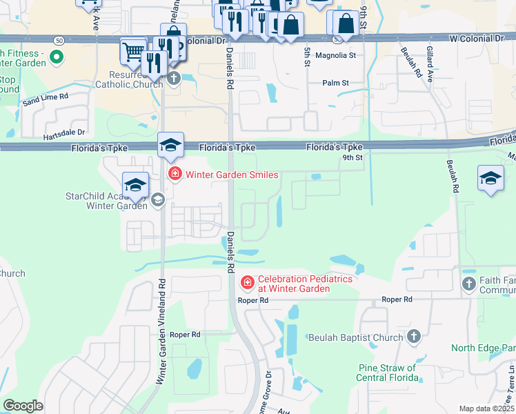 map of restaurants, bars, coffee shops, grocery stores, and more near 215 Doe Run Drive in Winter Garden