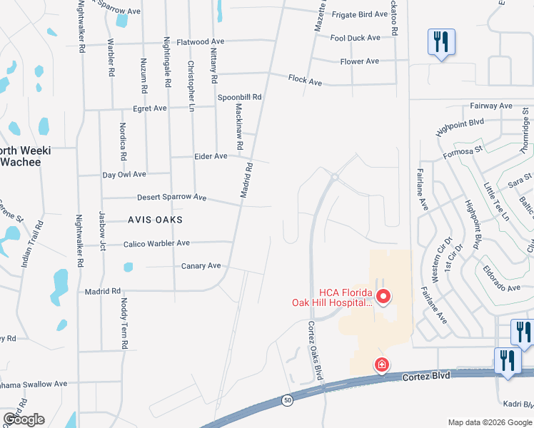 map of restaurants, bars, coffee shops, grocery stores, and more near 11108 Desert Sparrow Avenue in Weeki Wachee