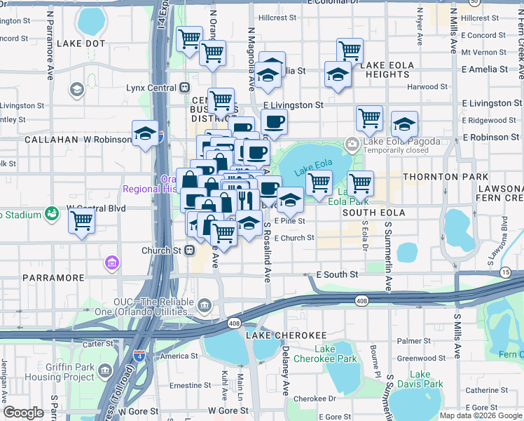 map of restaurants, bars, coffee shops, grocery stores, and more near 125 East Pine Street in Orlando