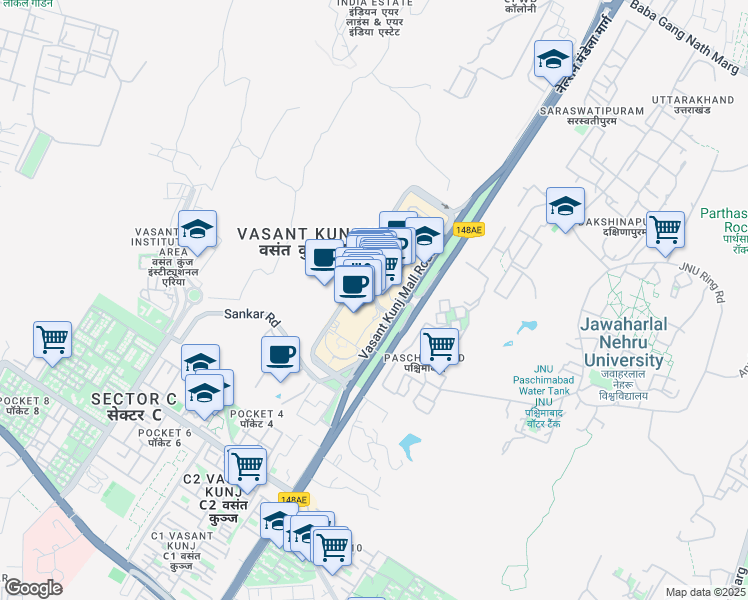map of restaurants, bars, coffee shops, grocery stores, and more near 3 Nelson Mandela Marg in New Delhi