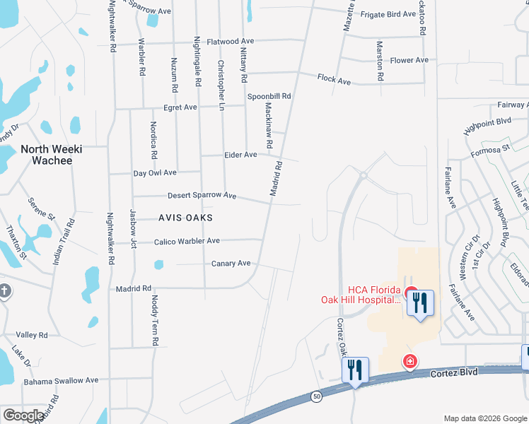 map of restaurants, bars, coffee shops, grocery stores, and more near 7505 Madrid Road in Spring Hill